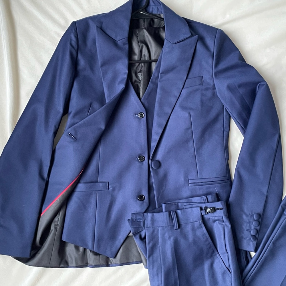 3 piece Suit: blazer jacket, vest, trouser slacks